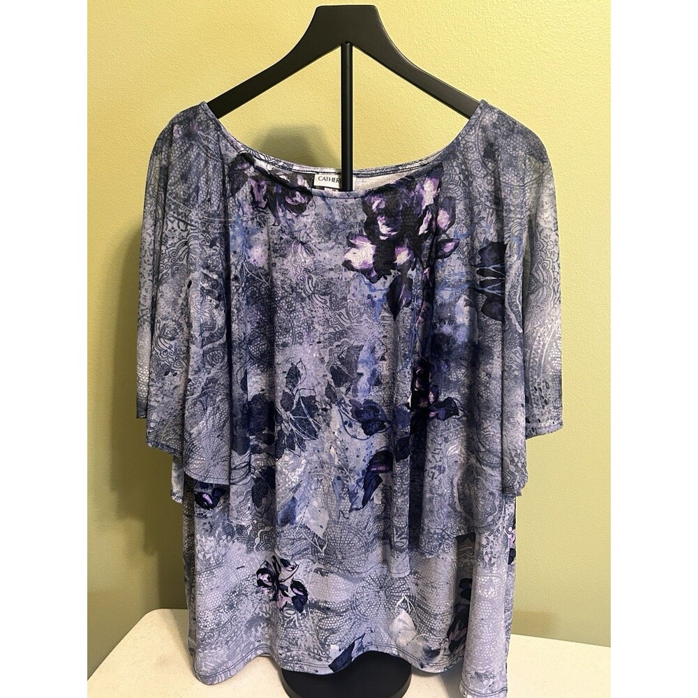 Catherines 1X 18/20W Purple Blue Floral Layered Chiffon Blouse Plus Size